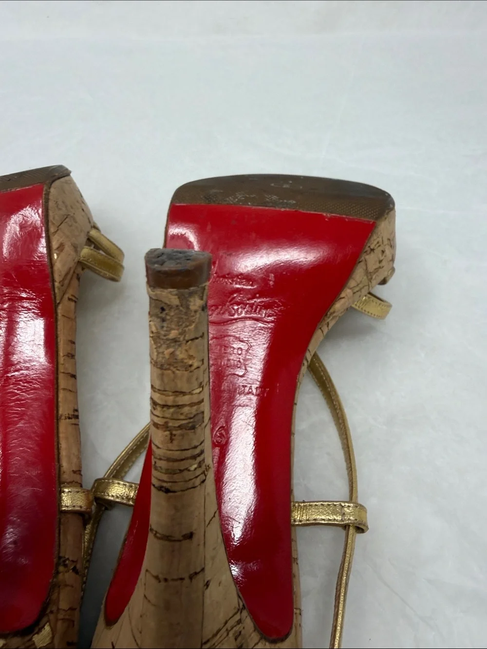 Christian Louboutin Metallic Gold Strappy Cork Platform Heels